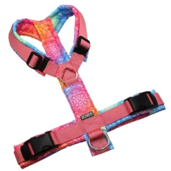 BUMER Hundegeschirr, gepolstert ohne geteilten Bruststeg, Größe M, Gurtband PREMIUM Perlmutt Rosa, OXFORD Aurora Mandala, Ringe silberfarbig (Edelstahl), Schnallen schwarz, Applikation