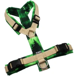 BUMER Hundegeschirr, gepolstert ohne geteilten Bruststeg, Größe M, Gurtband Standard PLUS Creme, OXFORD Waldstimmung, Ringe silberfarbig (Edelstahl), Schnallen schwarz, Applikation