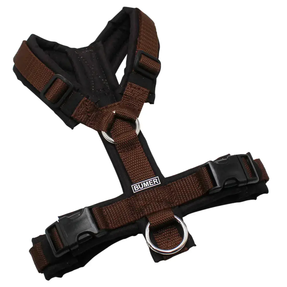 BUMER Hundegeschirr, gepolstert ohne geteilten Bruststeg, Größe XS, Gurtband PREMIUM X Chocolate Charm, OXFORD Antikbraun, Ringe silberfarbig (Edelstahl), Schnallen schwarz