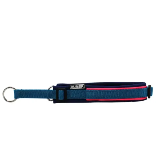 BUMER Zugstopp, Hundehalsband für Hunde, gepolstert, Halsumfang 32-38cm, Gurtband Petrol, Softshell Twilight Blue, Ringe silberfarbig (Edelstahl), Paspel Pink, Gummi Roseflare