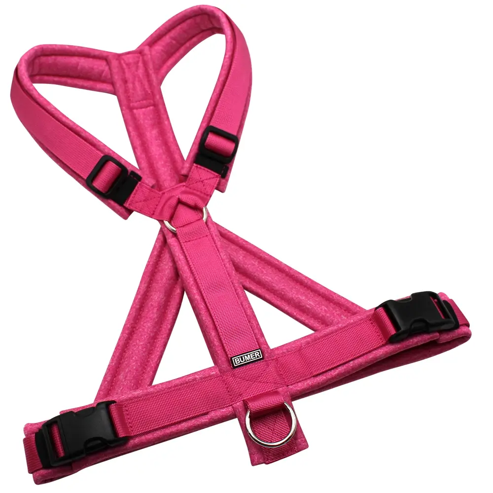 BUMER Hundegeschirr, gepolstert mit geteiltem Bruststeg, Größe XL, Gurtband: PREMIUM Himbeer Sorbet, Softshell: Pink meliert, Ringe: silberfarbig (Edelstahl), Schnallen: schwarz (DURAFLEX®)