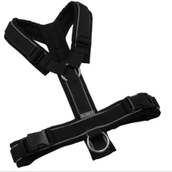 BUMER Hundegeschirr, gepolstert ohne geteilten Bruststeg, Größe S, Gurtband: PREMIUM Pitch Black, Softshell: schwarz, Ringe: silberfarbig (Edelstahl), Schnallen: schwarz, Paspel: grau (REFLEX)