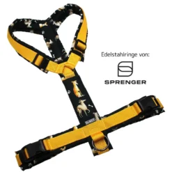 BUMER Hundegeschirr, gepolstert ohne geteilten Bruststeg, Größe XL, Gurtband: PREMIUM Sunburst Yellow, OXFORD: Hunde & Knochen, Ringe: schwarz (Edelstahl), Applikation