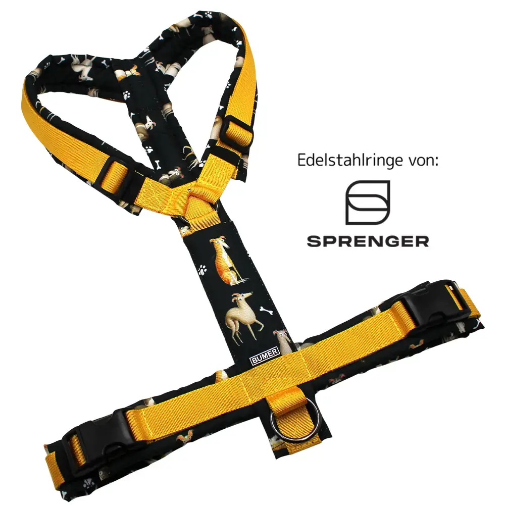 BUMER Hundegeschirr, gepolstert ohne geteilten Bruststeg, Größe XL, Gurtband: PREMIUM Sunburst Yellow, OXFORD: Hunde & Knochen, Ringe: schwarz (Edelstahl), Applikation