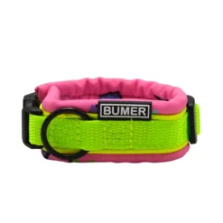 BUMER Steckhalsband, Hundehalsband für Hunde, gepolstert, Halsumfang: 22cm, Gurtband: Neongrün, Softshell: RETRO 80 #5, Ringe: schwarz (Edelstahl)
