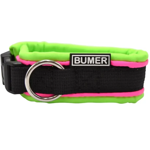 BUMER Steckhalsband, Hundehalsband für Hunde, gepolstert, Halsumfang: 23cm, Gurtband: PREMIUM Pitch Black, Softshell: Neongrün, Ringe: silberfarbig (Edelstahl)