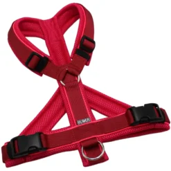 BUMER Hundegeschirr, Größe M, Gurtband: PREMIUM Berry Bordeaux, Mesh: Pink, Ringe: silberfarbig (Edelstahl), Schnallen: schwarz (DURAFLEX®), Paspel: Neonpink