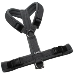 BUMER Hundegeschirr, Gurtband: Dunkelgrau (Standard PLUS), Fleece: Driftwood Ash, gepolstert ohne geteilten Bruststeg, Größe S/M, Ringe: silberfarbig (Edelstahl), Schnallen: schwarz (DURAFLEX®)