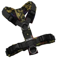 BUMER Hundegeschirr, Gurtband: Dunkelgrau Standard PLUS, Softshell: Bunte Mandala, gepolstert ohne geteilten Bruststeg, Größe XXS, Ringe: silberfarbig (Edelstahl), Schnallen: schwarz (DURAFLEX®), Applikation