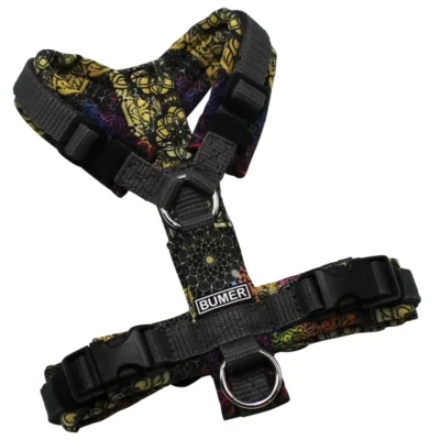 BUMER Hundegeschirr, Gurtband: Dunkelgrau Standard PLUS, Softshell: Bunte Mandala, gepolstert ohne geteilten Bruststeg, Größe XXS, Ringe: silberfarbig (Edelstahl), Schnallen: schwarz (DURAFLEX®), Applikation