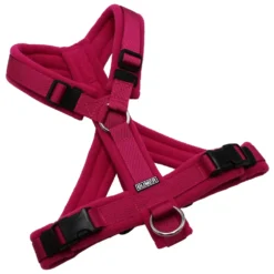 BUMER Hundegeschirr, Gurtband: PREMIUM Fuchsia Flare, Fleece: Berry Noir, gepolstert mit geteiltem Bruststeg, Größe S, Ringe: silberfarbig (Edelstahl), Schnallen: schwarz (DURAFLEX®)