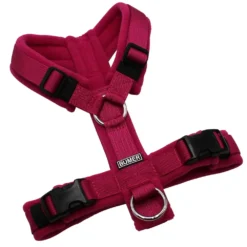 BUMER Hundegeschirr, Gurtband: PREMIUM Fuchsia Flare, Fleece: Berry Noir, gepolstert ohne geteiltem Bruststeg, Größe S/M, Ringe: silberfarbig (Edelstahl), Schnallen: schwarz (DURAFLEX®)