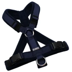 BUMER Hundegeschirr, Gurtband: PREMIUM Midnight Indigo, Fleece: Midnight Ink, gepolstert mit geteiltem Bruststeg, Größe S, Ringe: silberfarbig (Edelstahl), Schnallen: schwarz (DURAFLEX®)
