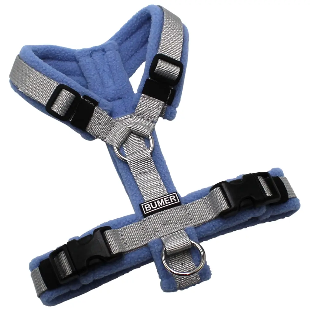 BUMER Hundegeschirr, Gurtband: PREMIUM Muschelgrau, Fleece: Lavender Twilight, gepolstert ohne geteiltem Bruststeg, Größe XXS, Ringe: silberfarbig (Edelstahl), Schnallen: schwarz (DURAFLEX®)