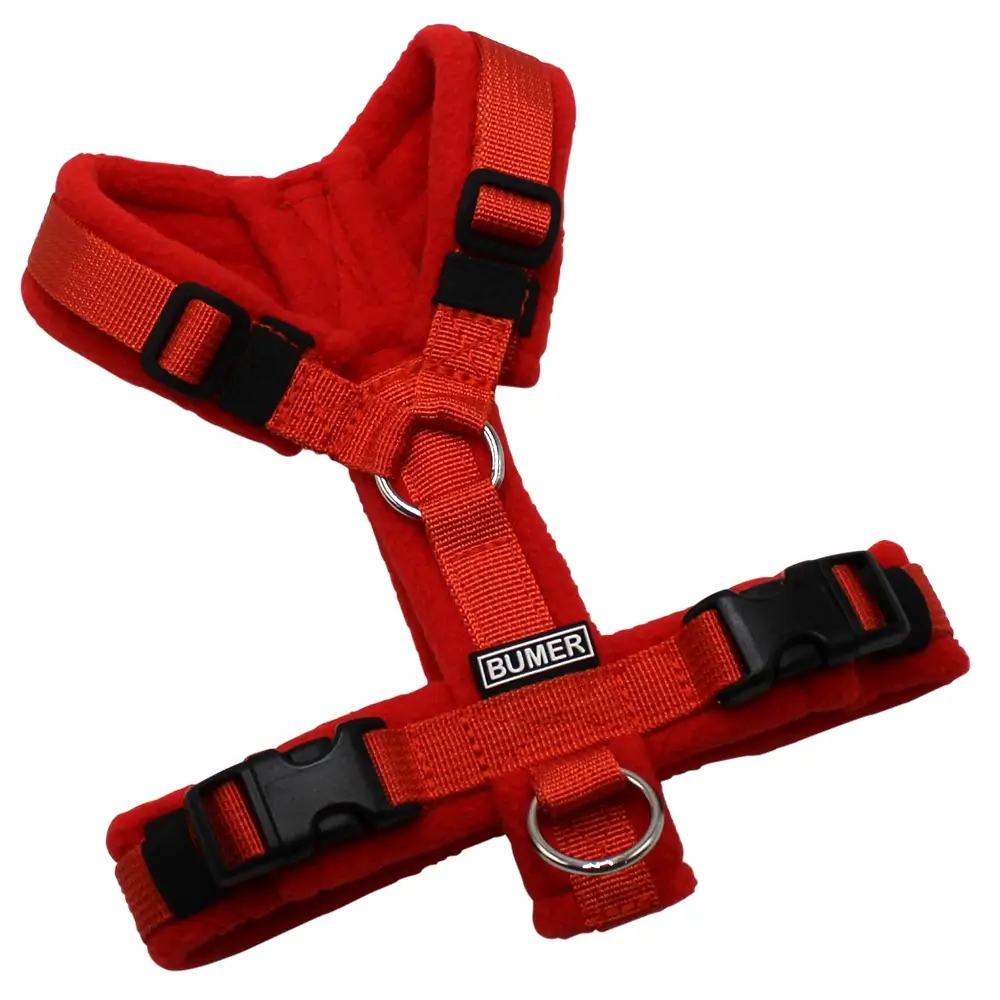 BUMER Hundegeschirr, Gurtband: PREMIUM Scarlett Essence, Fleece: Burnt Umber, gepolstert ohne geteilten Bruststeg, Größe XXS, Ringe: silberfarbig (Edelstahl), Schnallen: schwarz (DURAFLEX®)