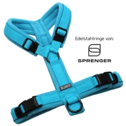 BUMER Hundegeschirr, Gurtband: PREMIUM X Glacier Breeze, Fleece: Clearwaterblue, gepolstert ohne geteilten Bruststeg, Größe S, Ringe: schwarz (Edelstahl), Schnallen: schwarz (DURAFLEX®)
