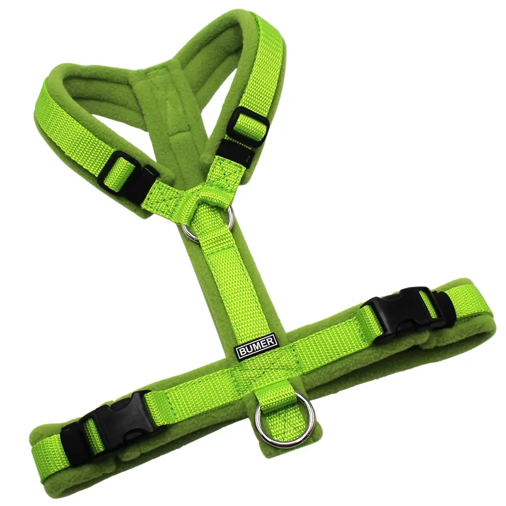 BUMER Hundegeschirr, Gurtband: PREMIUM X Kiwi Kiss, Fleece: Mossy Lime, gepolstert ohne geteilten Bruststeg, Größe S/M, Ringe: silberfarbig (Edelstahl), Schnallen: schwarz (DURAFLEX®)