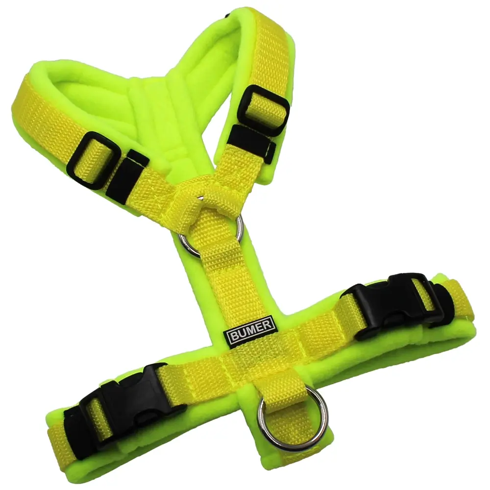 BUMER Hundegeschirr, Gurtband: PREMIUM X Zitrinzauber, Fleece: Neongelb, gepolstert ohne geteilten Bruststeg, Größe XS/S, Ringe: silberfarbig (Edelstahl), Schnallen: schwarz (DURAFLEX®)