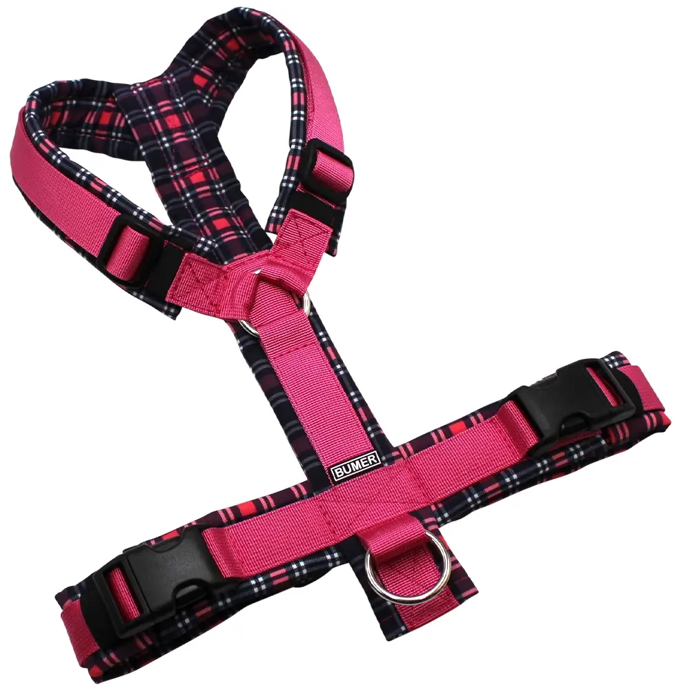 BUMER Hundegeschirr, gepolstert, Größe M, Gurtband: PREMIUM Himbeer Sorbet, Softshell: Ruby Rendezvous, Ringe: silberfarbig (Edelstahl), Schnallen: schwarz (DURAFLEX®)