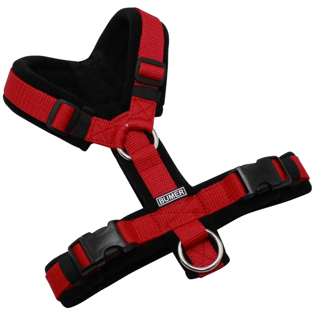 BUMER Hundegeschirr, gepolstert, Größe XS, Gurtband: Rot, Fleece: schwarz, Ringe: silberfarbig (Edelstahl), Schnallen: schwarz (DURAFLEX®)
