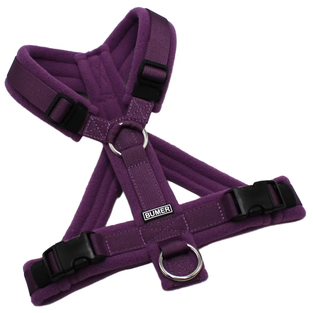 BUMER Hundegeschirr, gepolstert, Größe S, Gurtband: PREMIUM Lavender Luxe, Fleece: Obsidian Orchid, Ringe: silberfarbig (Edelstahl), Schnallen: schwarz (DURAFLEX®)