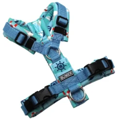 BUMER Hundegeschirr, gepolstert, Größe XXS, Gurtband: Eisblau, Softshell: Maritim #1, Ringe: silberfarbig (Edelstahl), Schnallen: schwarz (DURAFLEX®), Applikation