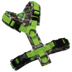 BUMER Hundegeschirr, gepolstert, Größe XXS, Gurtband: Hell Lime, Softshell: Forest Fable, Ringe: silberfarbig (Edelstahl), Schnallen: schwarz (DURAFLEX®)