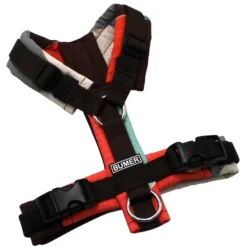 BUMER Hundegeschirr, gepolstert, Größe XXS, Gurtband: PREMIUM Cocoa Bean, Softshell: Aquaformen, Ringe: silberfarbig (Edelstahl), Schnallen: schwarz (DURAFLEX®)
