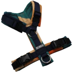 BUMER Hundegeschirr, gepolstert, Größe XXS, Gurtband: PREMIUM Midnight Indigo, Softshell: RETRO 70 #1, Ringe: silberfarbig (Edelstahl), Schnallen: schwarz (DURAFLEX®)