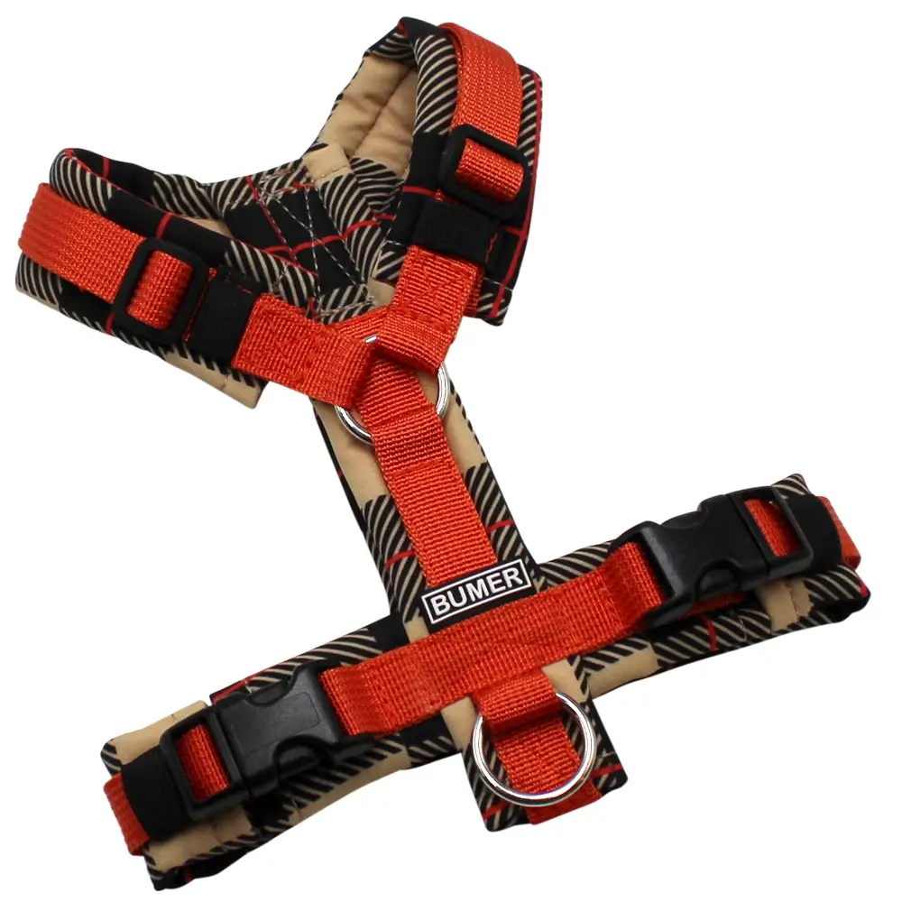 BUMER Hundegeschirr, gepolstert, Größe XXS, Gurtband: PREMIUM Scarlett Essence, Softshell: Espresso Ember, Ringe: silberfarbig (Edelstahl), Schnallen: schwarz (DURAFLEX®)