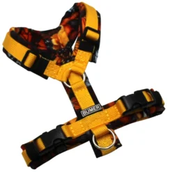 BUMER Hundegeschirr, gepolstert, Größe XXS, Gurtband: PREMIUM Sunburst Yellow, Softshell: Zinoberflug, Ringe: silberfarbig (Edelstahl), Schnallen: schwarz (DURAFLEX®)