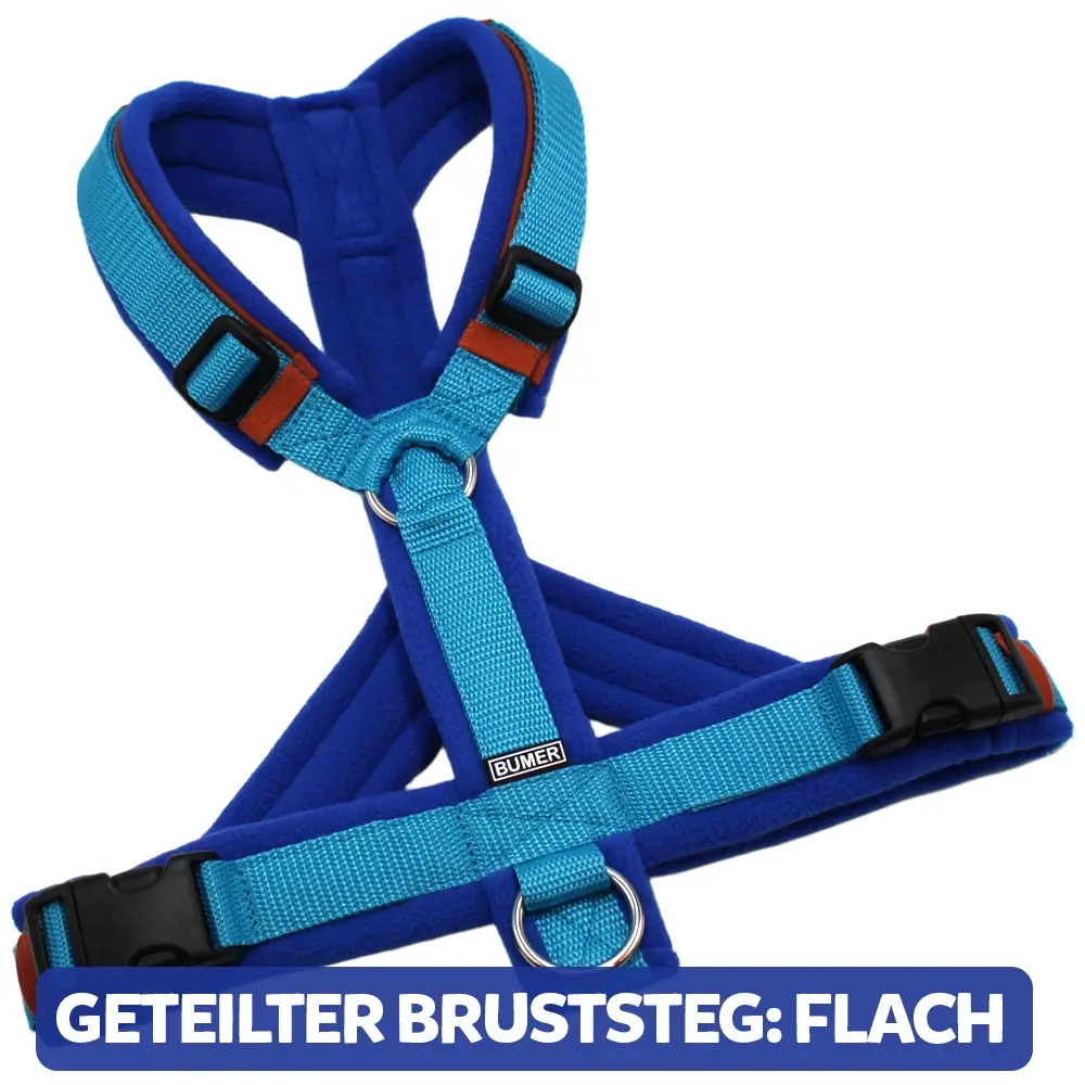 BUMER Hundegeschirr, gepolstert, Größe M/L, Gurtband: Aquamarin, Fleece: Starry Sky, Ringe: silberfarbig (Edelstahl), Schnallen: schwarz (DURAFLEX®), Paspel: Karamell, Gummi: Cinnaburn