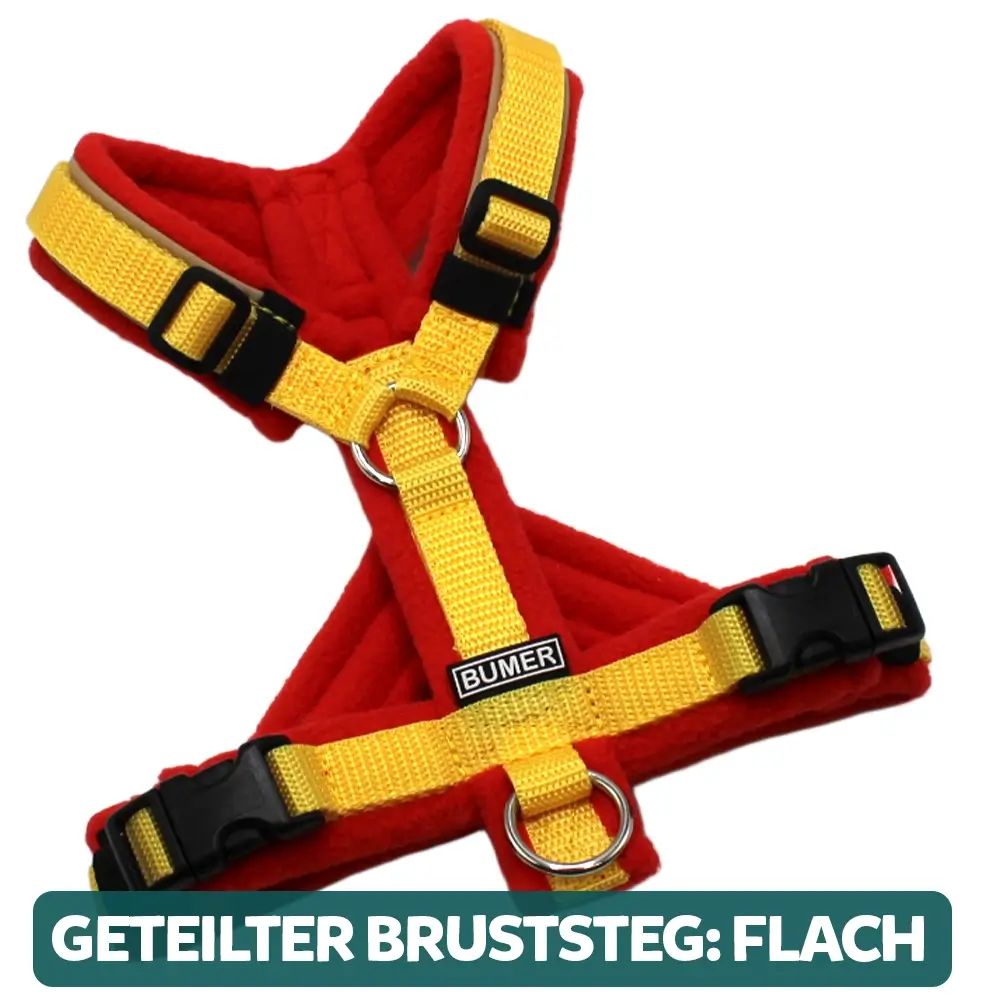 BUMER Hundegeschirr, gepolstert, Größe M, Gurtband: Mais, Fleece: Burnt Umber, Ringe: silberfarbig (Edelstahl), Schnallen: schwarz (DURAFLEX®), Paspel: Sandgreige, Gummi: Schwarz