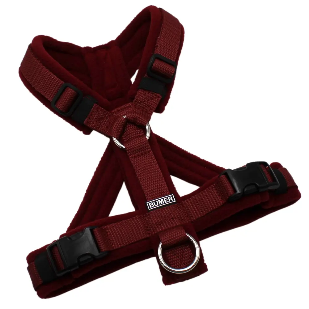 BUMER Hundegeschirr, gepolstert mit geteiltem Bruststeg, Größe XS/S, Gurtband: PREMIUM Bordeaux, Fleece: Burgundy Dusk, Ringe: silberfarbig (Edelstahl), Schnallen: schwarz (DURAFLEX®)