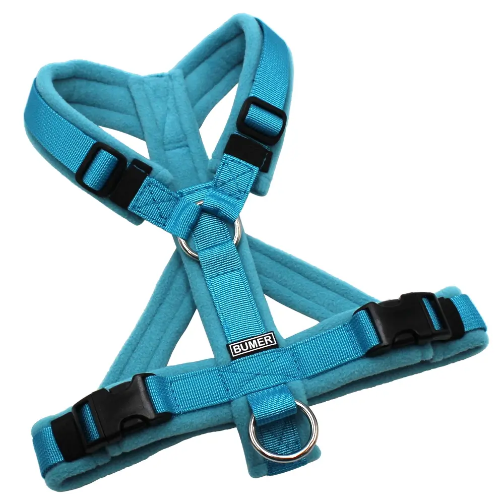 BUMER Hundegeschirr, gepolstert mit geteiltem Bruststeg, Größe XS/S, Gurtband: PREMIUM Blue Lagoon, Fleece: Grey Blue Wave, Ringe: silberfarbig (Edelstahl), Schnallen: schwarz (DURAFLEX®)