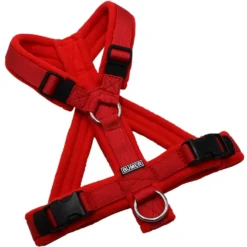 BUMER Hundegeschirr, gepolstert mit geteiltem Bruststeg, Größe XS/S, Gurtband: PREMIUM Flammenrot, Fleece: Burnt Umber, Ringe: silberfarbig (Edelstahl), Schnallen: schwarz (DURAFLEX®)