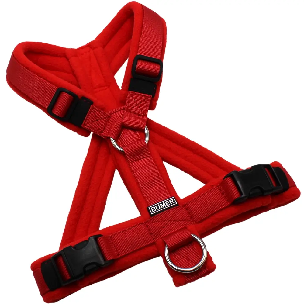 BUMER Hundegeschirr, gepolstert mit geteiltem Bruststeg, Größe XS/S, Gurtband: PREMIUM Flammenrot, Fleece: Burnt Umber, Ringe: silberfarbig (Edelstahl), Schnallen: schwarz (DURAFLEX®)