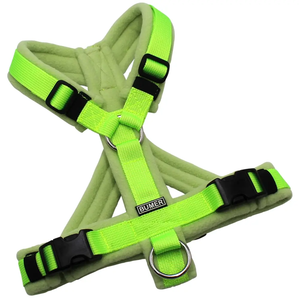 BUMER Hundegeschirr, gepolstert mit geteiltem Bruststeg, Größe XS/S, Gurtband: PREMIUM Neonlime, Fleece: Pastel Fern, Ringe: silberfarbig (Edelstahl), Schnallen: schwarz (DURAFLEX®)