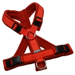 BUMER Hundegeschirr, gepolstert mit geteiltem Bruststeg, Größe XS/S, Gurtband: PREMIUM Scarlett Essence, Fleece: Terracotta, Ringe: silberfarbig (Edelstahl), Schnallen: schwarz (DURAFLEX®)