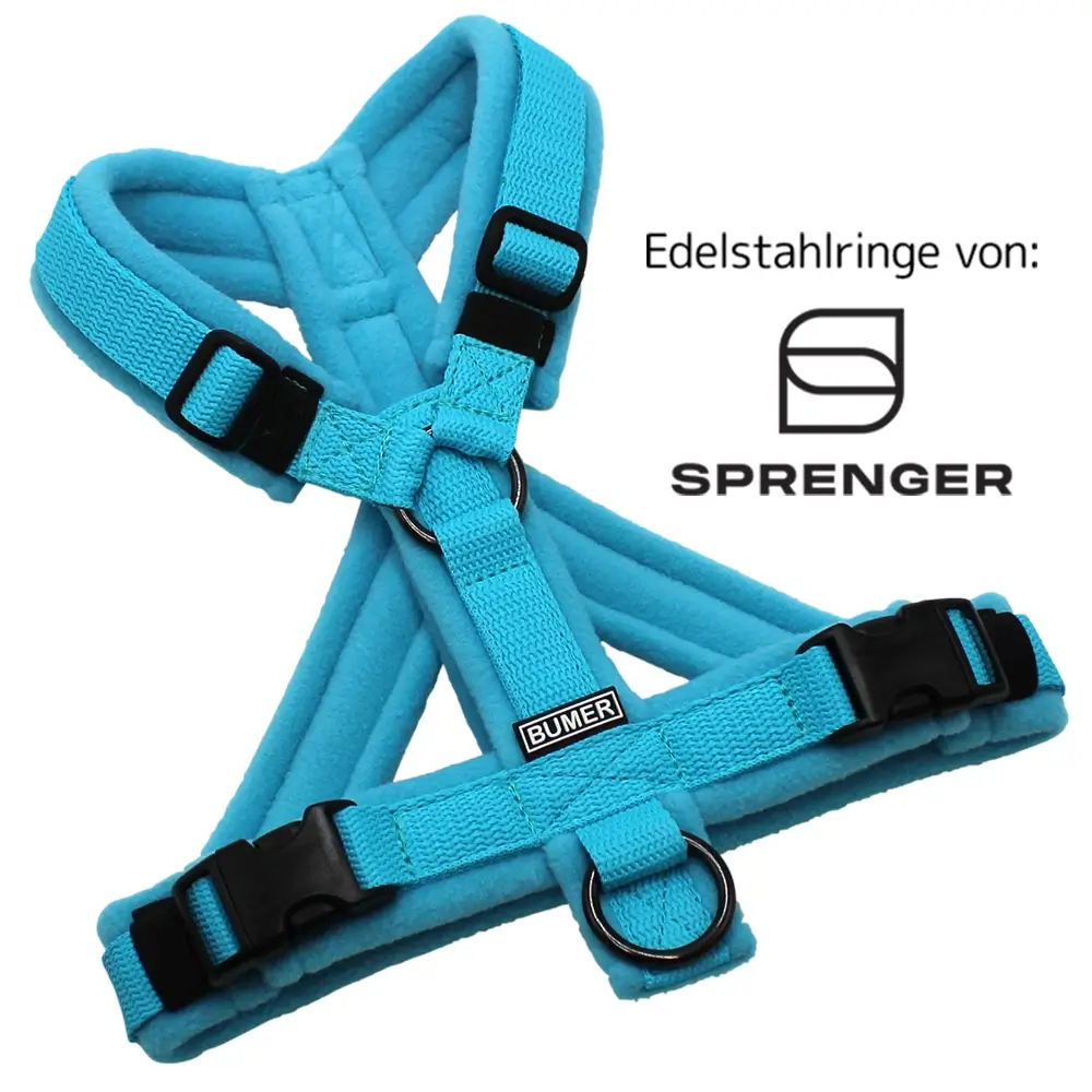BUMER Hundegeschirr, gepolstert mit geteiltem Bruststeg, Größe XS/S, Gurtband: PREMIUM X Glacier Breeze, Fleece: Clearwaterblue, Ringe: schwarz (Edelstahl), Schnallen: schwarz (DURAFLEX®)