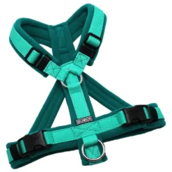BUMER Hundegeschirr, gepolstert mit geteiltem Bruststeg, Größe XS/S, Gurtband: PREMIUM X Minze, Fleece: Deep Sea, Ringe: silberfarbig (Edelstahl), Schnallen: schwarz (DURAFLEX®)