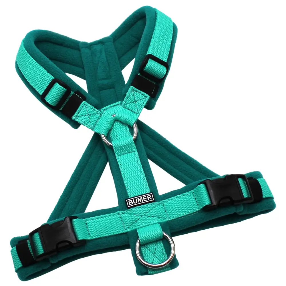 BUMER Hundegeschirr, gepolstert mit geteiltem Bruststeg, Größe XS/S, Gurtband: PREMIUM X Minze, Fleece: Deep Sea, Ringe: silberfarbig (Edelstahl), Schnallen: schwarz (DURAFLEX®)