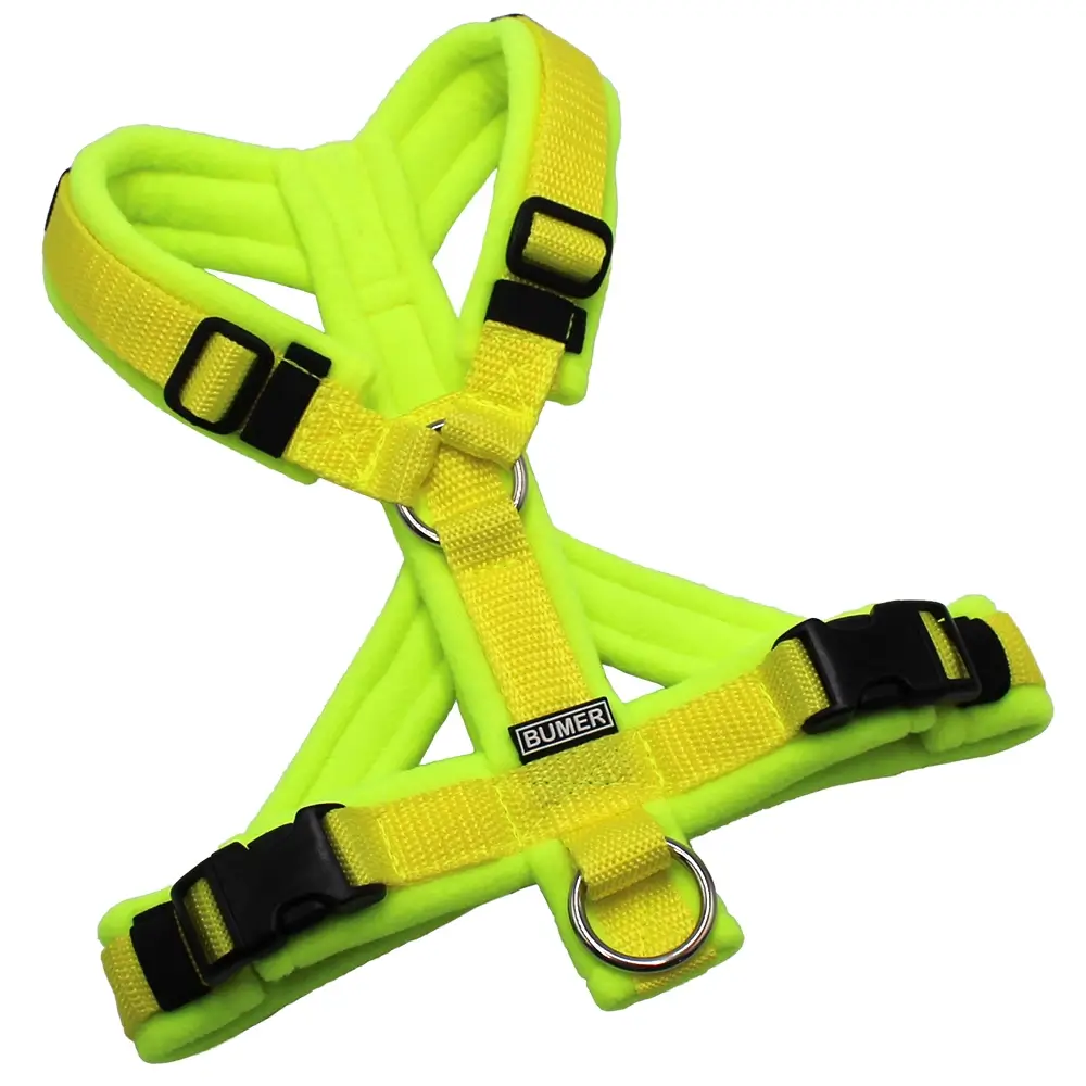 BUMER Hundegeschirr, gepolstert mit geteiltem Bruststeg, Größe XS/S, Gurtband: PREMIUM X Zitrinzauber, Fleece: Neongelb, Ringe: silberfarbig (Edelstahl), Schnallen: schwarz (DURAFLEX®)