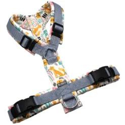 BUMER Hundegeschirr, gepolstert ohne geteiltem Bruststeg, Größe M, Gurtband: PREMIUM X Silbergrau, Softshell: Waldtiere #12, Ringe: silberfarbig (Edelstahl), Schnallen: schwarz (DURAFLEX®), Applikation