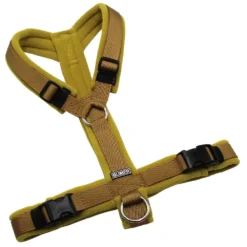 BUMER Hundegeschirr, gepolstert ohne geteiltem Bruststeg, Größe S/M, Gurtband: PREMIUM Golden Sand, Fleece: Mossy Bronze, Ringe: silberfarbig (Edelstahl), Schnallen: schwarz (DURAFLEX®)