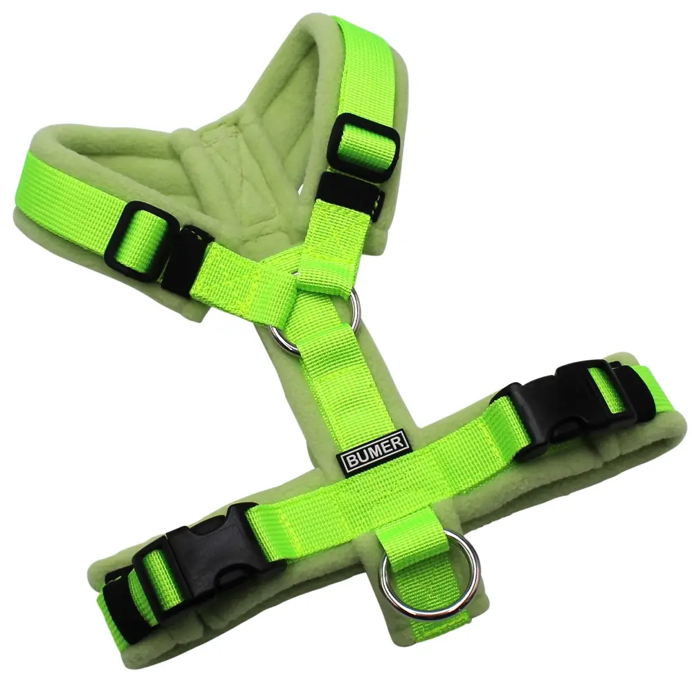 BUMER Hundegeschirr, gepolstert ohne geteiltem Bruststeg, Größe XS, Gurtband: PREMIUM Neonlime, Fleece: Pastel Fern, Ringe: silberfarbig (Edelstahl), Schnallen: schwarz (DURAFLEX®)