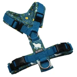BUMER Hundegeschirr, gepolstert ohne geteiltem Bruststeg, Größe XS, Gurtband: Petrol, Softshell: Mondbär, Ringe: silberfarbig (Edelstahl), Schnallen: schwarz (DURAFLEX®), Applikation