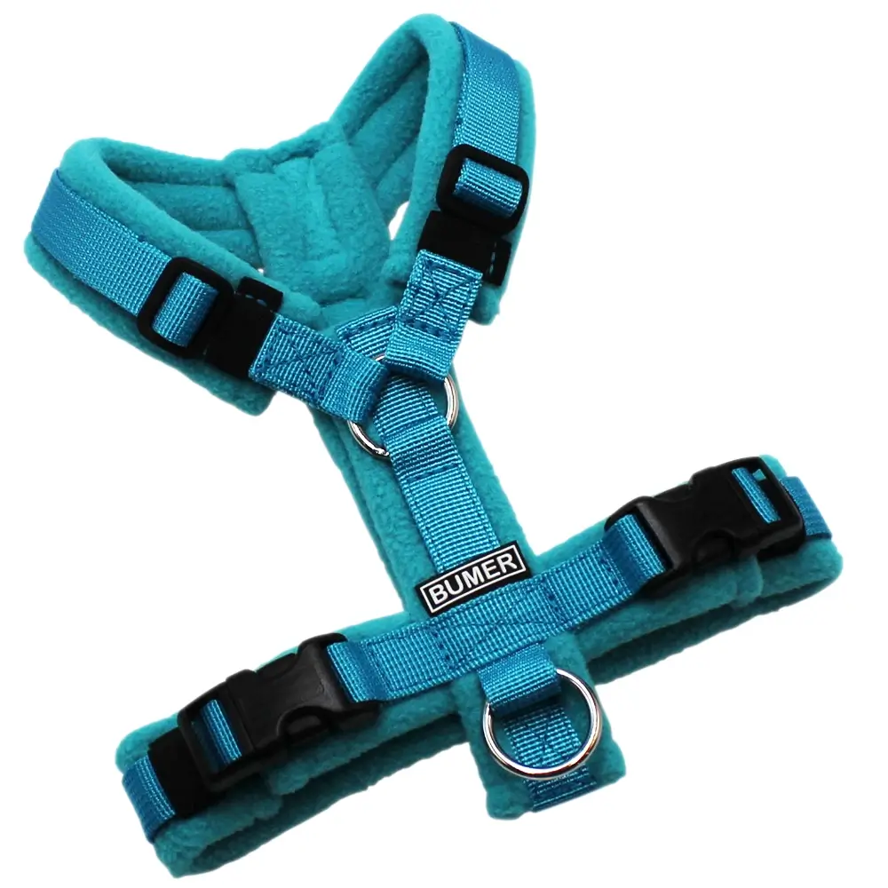 BUMER Hundegeschirr, gepolstert ohne geteiltem Bruststeg, Größe XXS, Gurtband: PREMIUM Blue Lagoon, Fleece: Türkis Reef, Ringe: silberfarbig (Edelstahl), Schnallen: schwarz (DURAFLEX®)