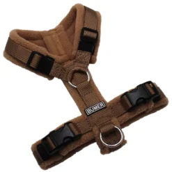 BUMER Hundegeschirr, gepolstert ohne geteiltem Bruststeg, Größe XXS / XS, Gurtband: PREMIUM Caramel Rust, Fleece: Warm Taupe, Ringe: silberfarbig (Edelstahl), Schnallen: schwarz (DURAFLEX®)