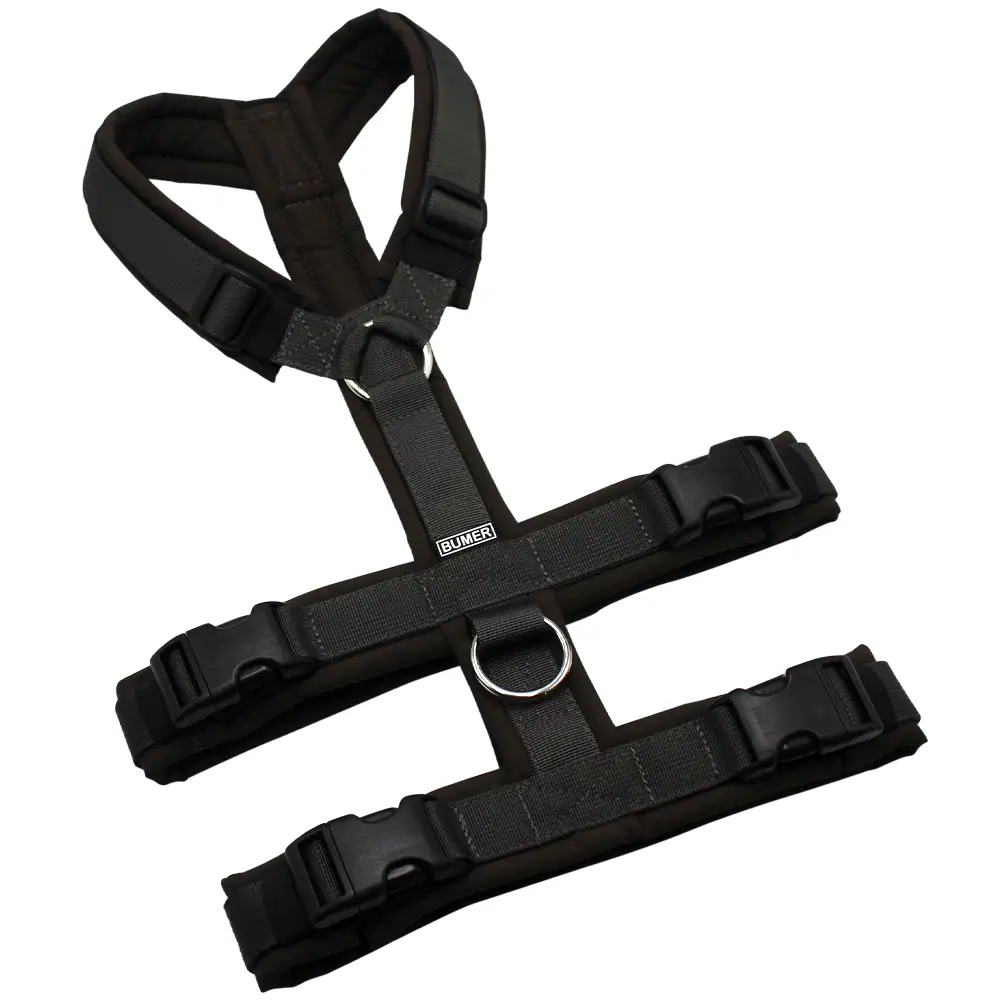 BUMER Sicherheitsgeschirr, gepolstert ohne geteiltem Bruststeg, Größe M, Gurtband: PREMIUM Camouflage Green, Softshell: Ebenholzbraun, Ringe: silberfarbig (Edelstahl), Schnallen: schwarz (DURAFLEX®)